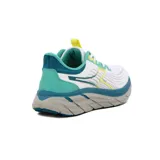 Championes deportivos Diadora modelo Proton para mujer, color blanco con detalles en turquesa, amarillo neón y azul oscuro. Presentan una suela gruesa y texturizada en tonos gris y azul.