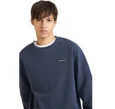 Buzo de cuello redondo Quiksilver, color azul marino, con detalle de costura en V en el cuello y parche pequeño con logo en el pecho.