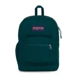 Mochila JanSport de poliéster color verde oscuro, con un compartimento principal, bolsillo frontal con cierre, bolsillo lateral para botella de agua y sobre interno acolchado para laptop de 15 pulgadas.