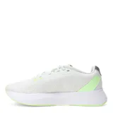 Championes de running Adidas modelo Duramo SL, color blanco con detalles en gris y verde lima. Presentan una parte superior de malla transpirable, amortiguación LIGHTMOTION para mayor confort y suela de goma ADIWEAR para mayor durabilidad.