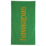 Toalla de playa verde con logo de Havaianas en color naranja.