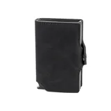 Billetera tarjetero de cuero negro con capacidad para múltiples tarjetas y compartimento para billetes. Cuenta con sistema de bloqueo RFID.