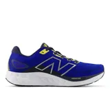 Championes de running New Balance 680 v8, color azul con detalles en amarillo y plateado. Presentan entresuela con tecnología Fresh Foam para una amortiguación ligera y suela de goma integrada para mayor confort.