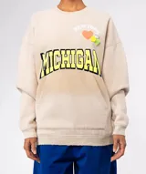 Buzo de algodón y poliéster color beige con efecto tie-dye que se oscurece hacia el centro, con cuello redondo, puños y ruedo acanalados. Presenta un estampado frontal con la palabra "MICHIGAN" en amarillo y negro, y apliques decorativos en el pecho.