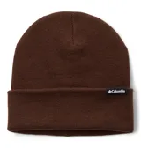 Gorro tipo beanie de punto en color marrón con dobladillo y etiqueta de la marca Columbia en el frente.