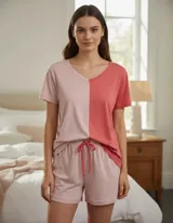 Pijama de dos piezas compuesto por una remera de manga corta con cuello en V y shorts. La remera es de diseño 'color block' vertical, con la mitad izquierda en rosa pálido y la mitad derecha en terracota/coral. El short es de color rosa pálido con cordón de ajuste en la cintura.
