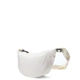 Cartera tipo riñonera de diseño minimalista, color blanco, con cierre superior y correa ajustable al tono.