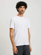 Camiseta básica de manga corta y cuello redondo, color rojo oscuro.