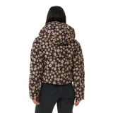 Campera puffer corta con capucha, color negro con estampado de flores color beige.