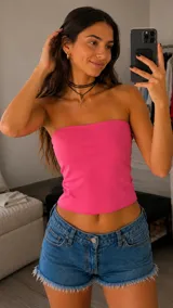 Top strapless de color fucsia, con diseño liso y ajuste al cuerpo.