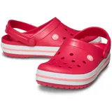 Zuecos Crocs modelo Crocband™ en color lila claro con plataforma blanca y una línea decorativa morada. Presentan el diseño clásico con orificios de ventilación y tira trasera ajustable.