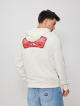 Canguro negro con capucha y cierre, con estampado en la espalda con el logo de Rusty Surfboards en rojo y blanco.