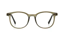 Anteojos de receta con marco de acetato en tono verde muschio traslúcido y patillas oscuras. Diseño de forma redondeada con puente clásico.