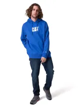 Hoodie canguro de fleece azul con logo Cat bordado en el pecho, capucha con cordones ajustables y bolsillo delantero tipo canguro.