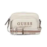 Cartera tipo bandolera Guess modelo Joella, color beige con logo frontal estampado. Cuenta con cierre superior, bolsillo frontal con cierre y correa de hombro ajustable y extraíble con diseño de rayas y logo.