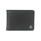 Billetera plegable para hombre de cuero negro con textura granulada. Presenta un aplique metálico con el logo de la marca en la esquina inferior derecha.