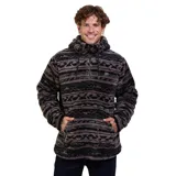 Canguro de sherpa con estampado geométrico en tonos marrones y negros. Presenta cuello alto con medio cierre frontal, capucha con cordones ajustables, bolsillo tipo canguro delantero y puños elásticos.