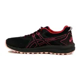 Championes de trail running Asics modelo Trail Scout para mujer, color negro con detalles en rosado y rojo.