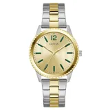 Reloj analógico Guess con caja de 40 mm y malla de acero inoxidable en tono bicolor dorado y plateado. La esfera color champagne presenta un acabado sunray, índices en color verde y bisel estriado.