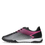 Championes de fútbol 5 Topper modelo Stingray III Mach TF, color negro con detalles en fucsia y blanco. Presentan una estructura sintética resistente con textura para mejor control del balón y suela con tapones diseñados para césped sintético.