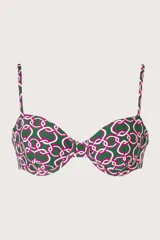 Top de bikini tipo corsetero verde oscuro con estampado geométrico de pinzas en rosa y blanco. Breteles delgados ajustables, copas con varilla y amarre en la espalda.