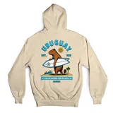 Canguro color beige con capucha y bolsillo frontal. En la espalda presenta un estampado gráfico de un carpincho surfeando con la leyenda 'Uruguay' y 'Los de afuera son de palo'.