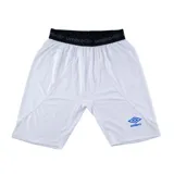 Bermuda térmica de compresión Umbro color blanco, con cintura elástica negra con logo de la marca y logo de Umbro estampado en azul en la pierna.