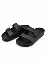 Sandalias de dos tiras con hebillas ajustables, diseño anatómico y acabado en color negro.