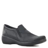 Zapatos casuales de mujer tipo slip-on, confeccionados en cuero negro con paneles elásticos laterales para un ajuste cómodo y suela de goma antideslizante.