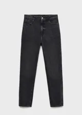 Jeans de corte mom-fit y tiro alto, color negro gastado, con diseño clásico de cinco bolsillos, cierre de cremallera y botón.