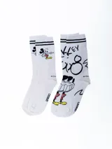 Pack de dos pares de medias blancas con diseño de Mickey Mouse. Un par tiene rayas horizontales negras en el borde superior y el otro es liso.