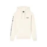 Canguro con capucha y cordones ajustables, color beige, con logo de la marca estampado en el pecho y en la manga derecha. Cuenta con bolsillo frontal tipo canguro.