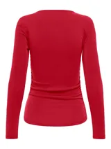 Top de manga larga color gris oscuro, con cuello redondo y diseño ajustado con fruncidos laterales en el cuerpo.