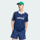 Camiseta Adidas Archive Collar Engineered de manga corta, color azul marino con diseño de finas rayas verticales tono sobre tono. Presenta cuello polo en V y cuello en color blanco, con las icónicas tres tiras de la marca en los hombros y mangas, y el logo de Adidas Originals estampado en el pecho en color blanco.