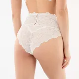 Braga alta de encaje blanco con diseño floral, de talle alto y cobertura amplia.