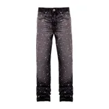 Pantalón de jean negro con corte flare, decorado íntegramente con apliques de cristales brillantes. Presenta cierre frontal con botón y bolsillos clásicos.