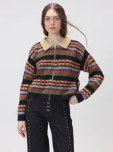 Campera de punto con cierre frontal metálico y cuello de corderito. Presenta un diseño estampado con franjas horizontales en tonos azul marino, beige, rojo y verde.