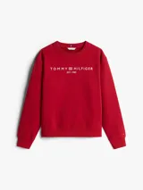 Buzo Tommy Hilfiger rojo de corte regular con logo estampado en el pecho. Tiene cuello redondo, puños y bajo de punto canalé. Confeccionado en mezcla de algodón y poliéster reciclado.