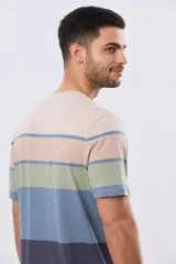 Remera de manga corta y cuello redondo, con diseño de bloques de color y franjas horizontales en tonos azul, celeste y gris, con pequeño logo bordado en el pecho.