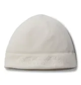 Gorro tipo beanie de la marca Columbia, confeccionado en tejido polar de color blanco con el logo de la marca bordado en relieve en la parte frontal.