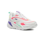Championes Fila modelo Rt-low, de diseño urbano con base blanca y detalles en colores vibrantes como rosa, violeta y verde menta. Presenta una silueta robusta con suela gruesa y logo de la marca en el lateral y la lengüeta.