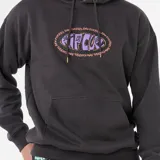 Canguro Rip Curl negro con capucha y cordones ajustables. Presenta un estampado ovalado en el pecho con el logo de la marca en tonos violeta y naranja. Incluye un bolsillo canguro frontal.