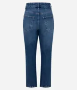 Pantalón de jean azul de corte recto y largo cropped, con tiro alto, bolsillos funcionales y detalle de botones metálicos en el ruedo.