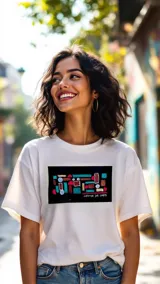 Remera blanca de algodón con estampa frontal rectangular que reproduce la obra de arte "Geometrías" de Carolina De Cunto.