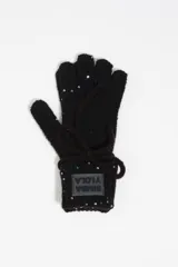 Guantes de punto negro con aplicación de lentejuelas multicolor y parche con logo de la marca en el puño.