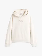 Buzo con capucha Tommy Hilfiger color crema, de corte amplio, con logo bordado en el pecho y cordones ajustables.
