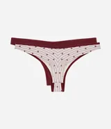 Kit de dos bombachas tipo bikini marca Lov, confeccionadas en algodón con elastano. Incluye una pieza lisa color bordó y una pieza estampada con rayas verticales y corazones pequeños, ambas con detalle de lazo frontal.