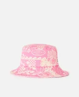 Sombrero tipo bucket de Rip Curl, color rosado con estampado tropical y de surf en tono claro.
