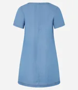 Vestido corto de liocel color azul oscuro, con cuello redondo, mangas cortas y recortes decorativos en el pecho.