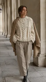 Pullover de lana natural color crudo, con diseño de trenzas gruesas, cuello redondo y silueta relajada de corte holgado.